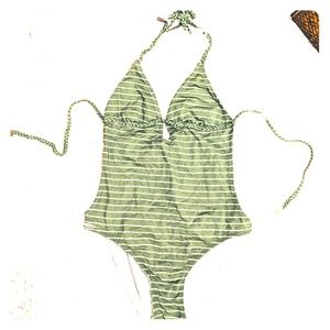 EUC💥 gapBody S One Piece Striped Olive/Gold Suit